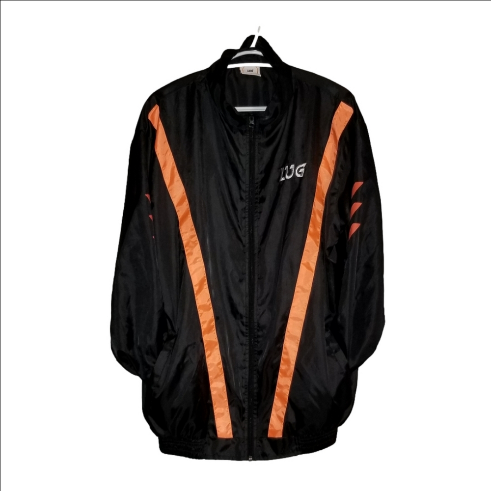 LUG Lightweight Mesh Lined Black Orange Full Zip Jacket Label Reads Size Large